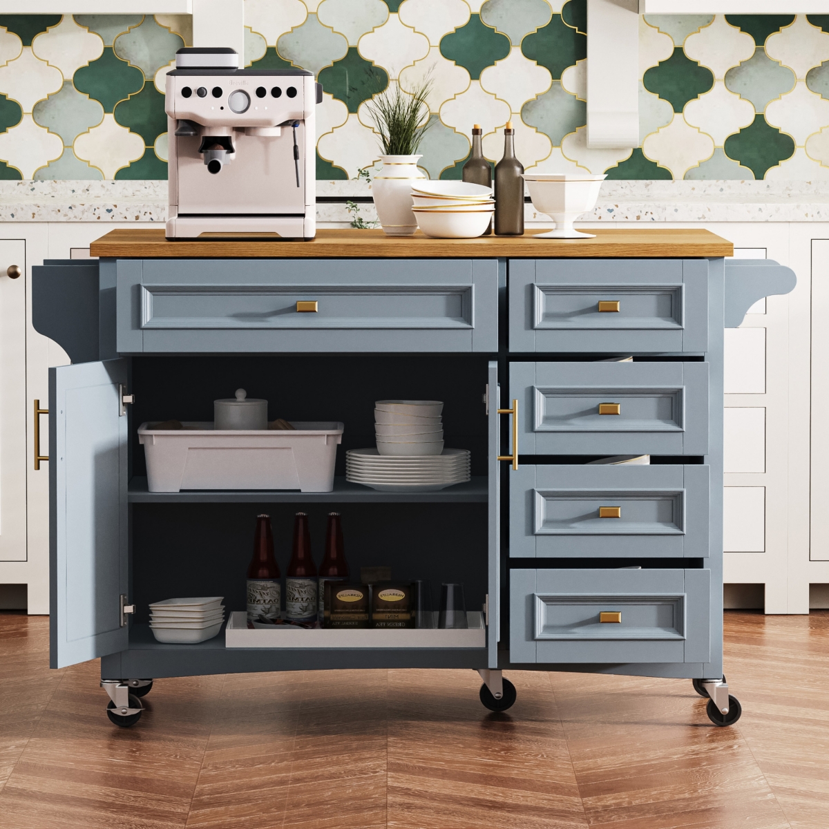 Casainc 52" Rolling Kitchen Island with Drop Leaf, Spice Rack, Towel 2 Doors, 5 Drawers, Adjustable Shelf (No Stools)