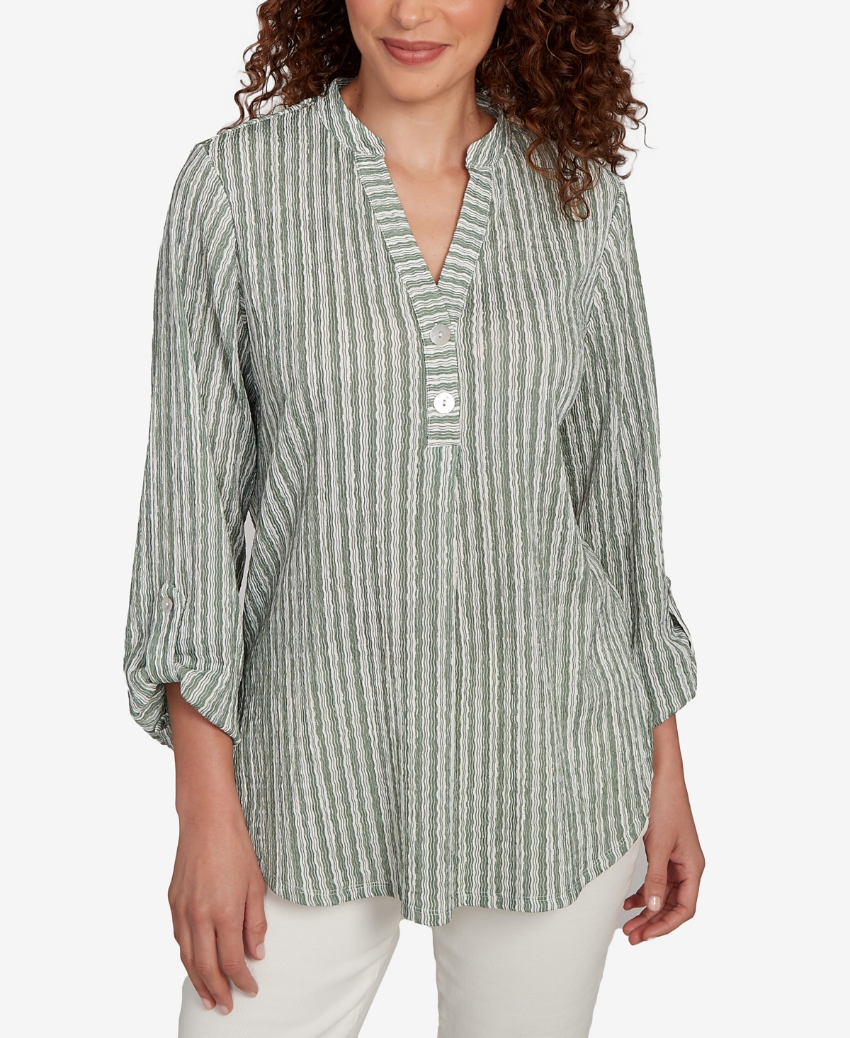 Petite Crinkle Knit Striped Henley Top - Navy Multi