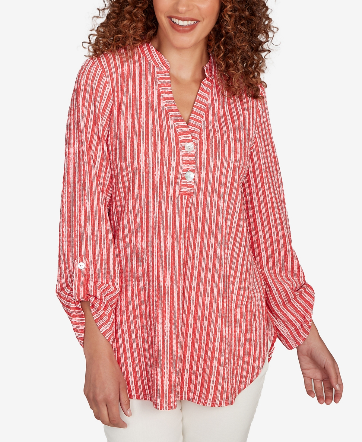 Petite Crinkle Knit Striped Henley Top - Navy Multi