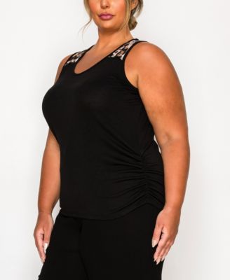 Plus Size Leopard Print Mesh Yoke Inset Side Ruched Tank Top