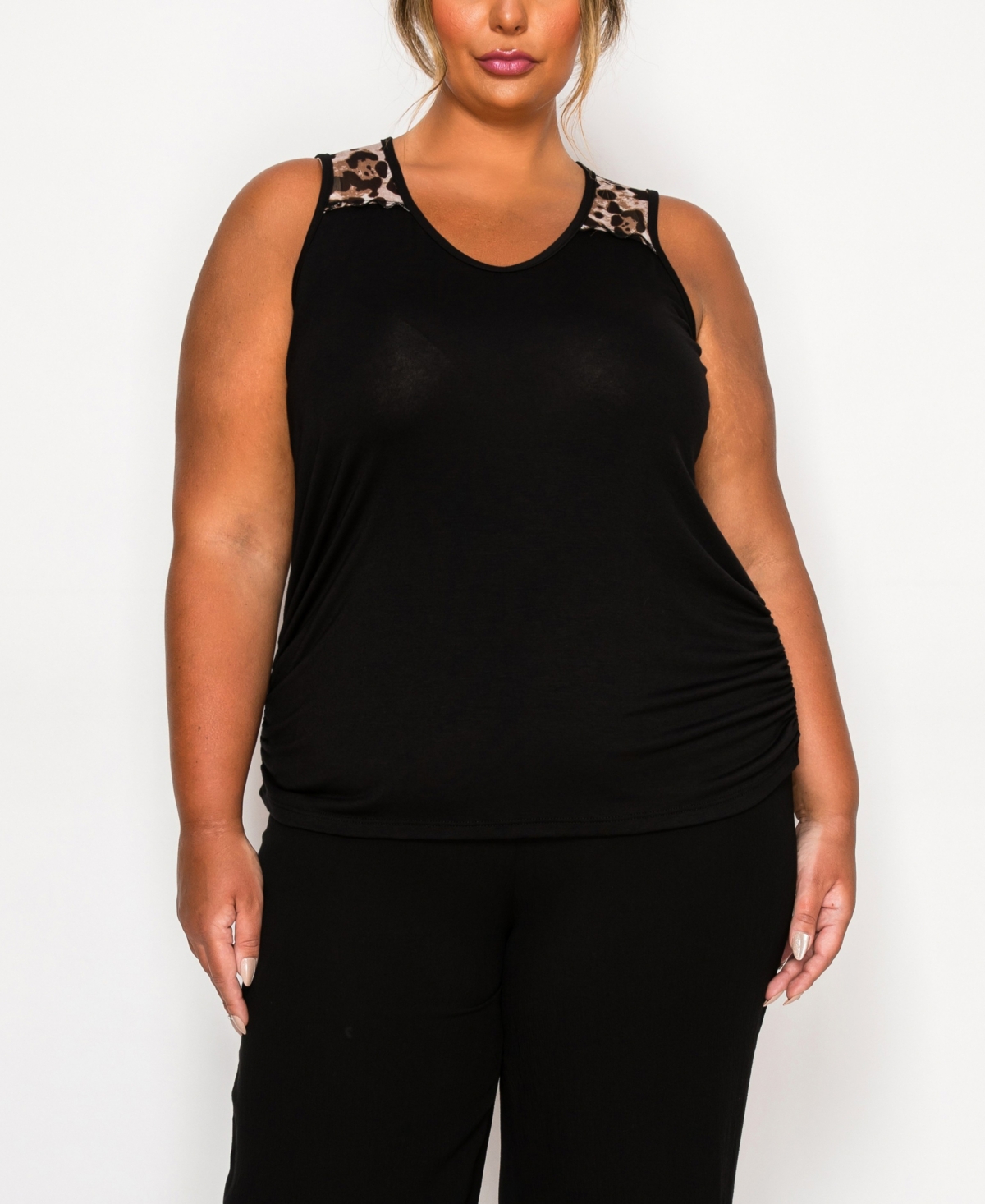 Plus Size Leopard Print Mesh Yoke Inset Side Ruched Tank Top - Black