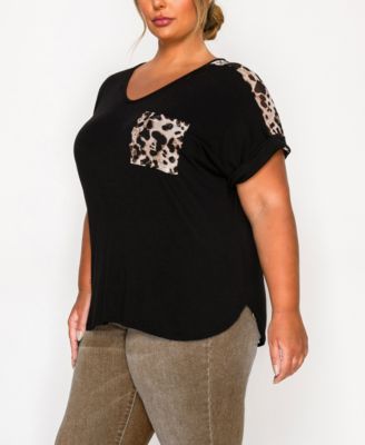 Plus Size Leopard Print Mesh Pocket Shoulder Rolled Sleeve Top