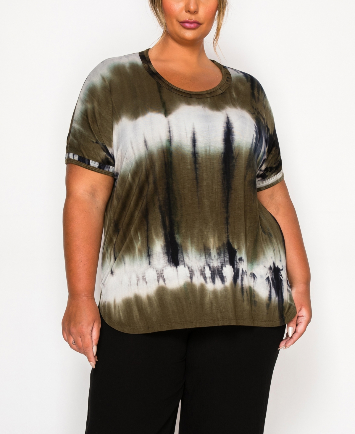 Plus Size Hand Tie Dye Double Binding Neck and Dolman Sleeve Top - Olive, Gray