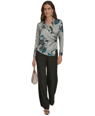 Petites Long-Sleeve Printed Shawl-Collar Blouse