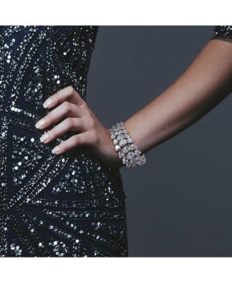 Elegant Multi Row Cubic Zirconia Graduated Cluster Teardrop CZ Wide Statement Bracelet Rhodium Plated