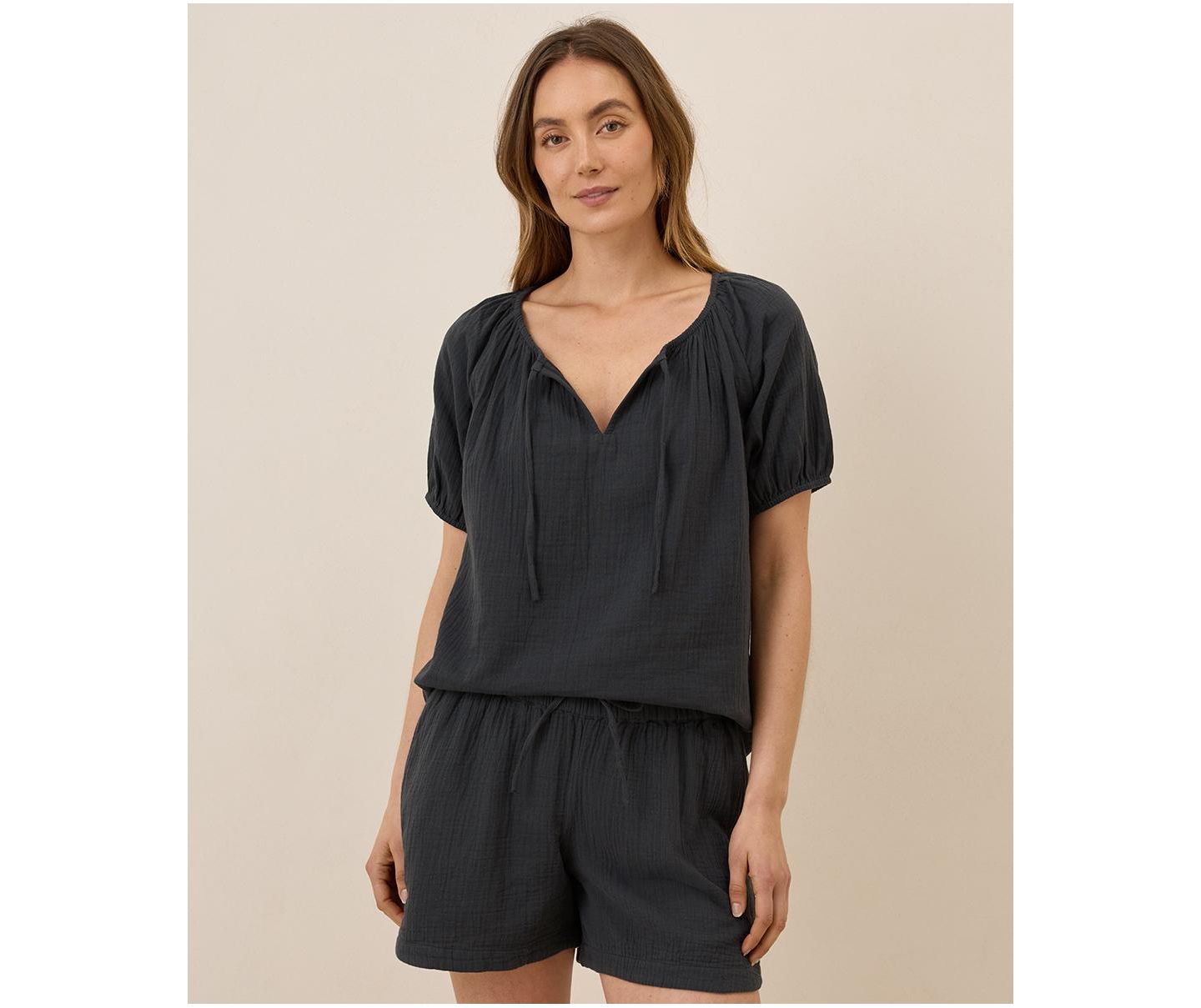 Женский топ Pact Organic Cotton Coastal Double Gauze Boho Popover, цвет: Чёрный — фото 1