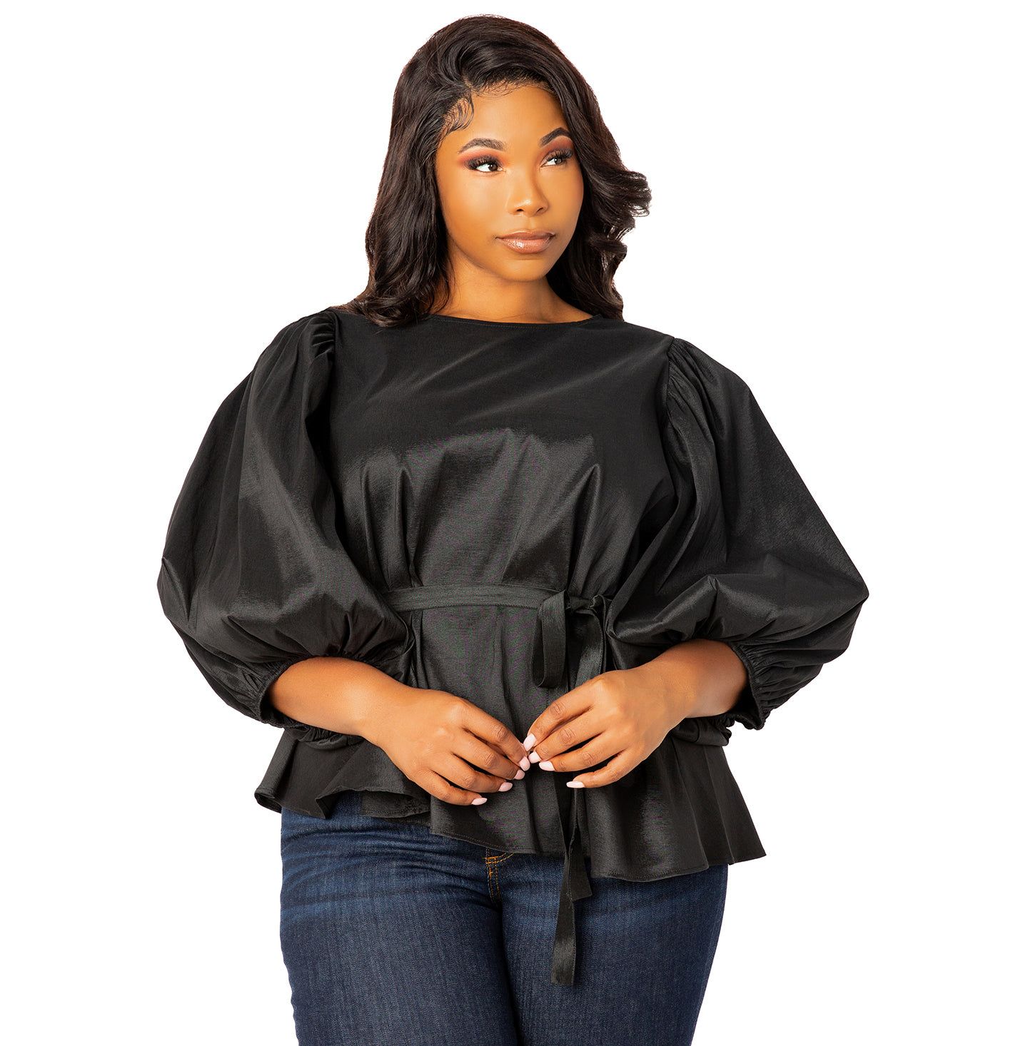 Женская блузка Buxom Couture Plus Size Tie Waist Voluminous Sleeve, цвет: Чёрный — фото 1