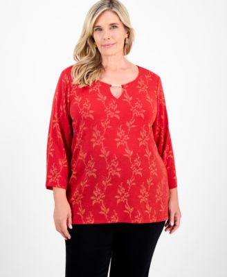 JM Collection - Plus Size Metallic Jacquard 3/4-Sleeve Top