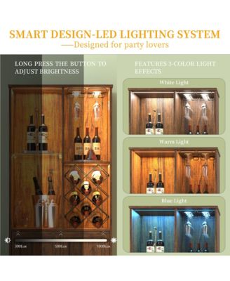 Modern style home bar cabinet with LED lights and tempered glass doors.