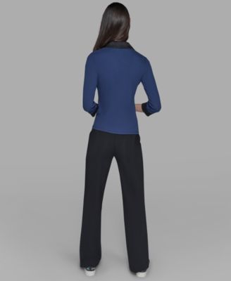 Petite Collared V-Neck Rib-Knit Top