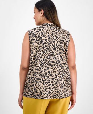 Plus Size Printed Sleeveless Tie-Neck Blouse