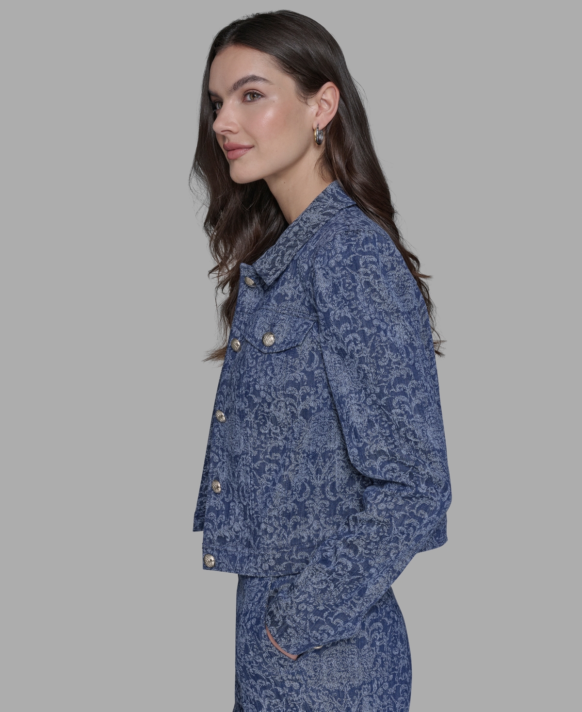 Karl Lagerfeld Petite Printed Button-front Jacket In Blue