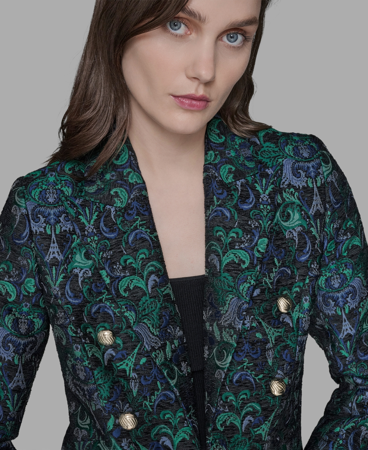 Karl Lagerfeld Petite Jacquard Open-front Jacket In Green