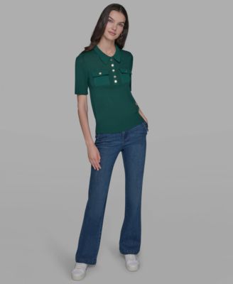 Petite Point Collar Short-Sleeve Knit Top