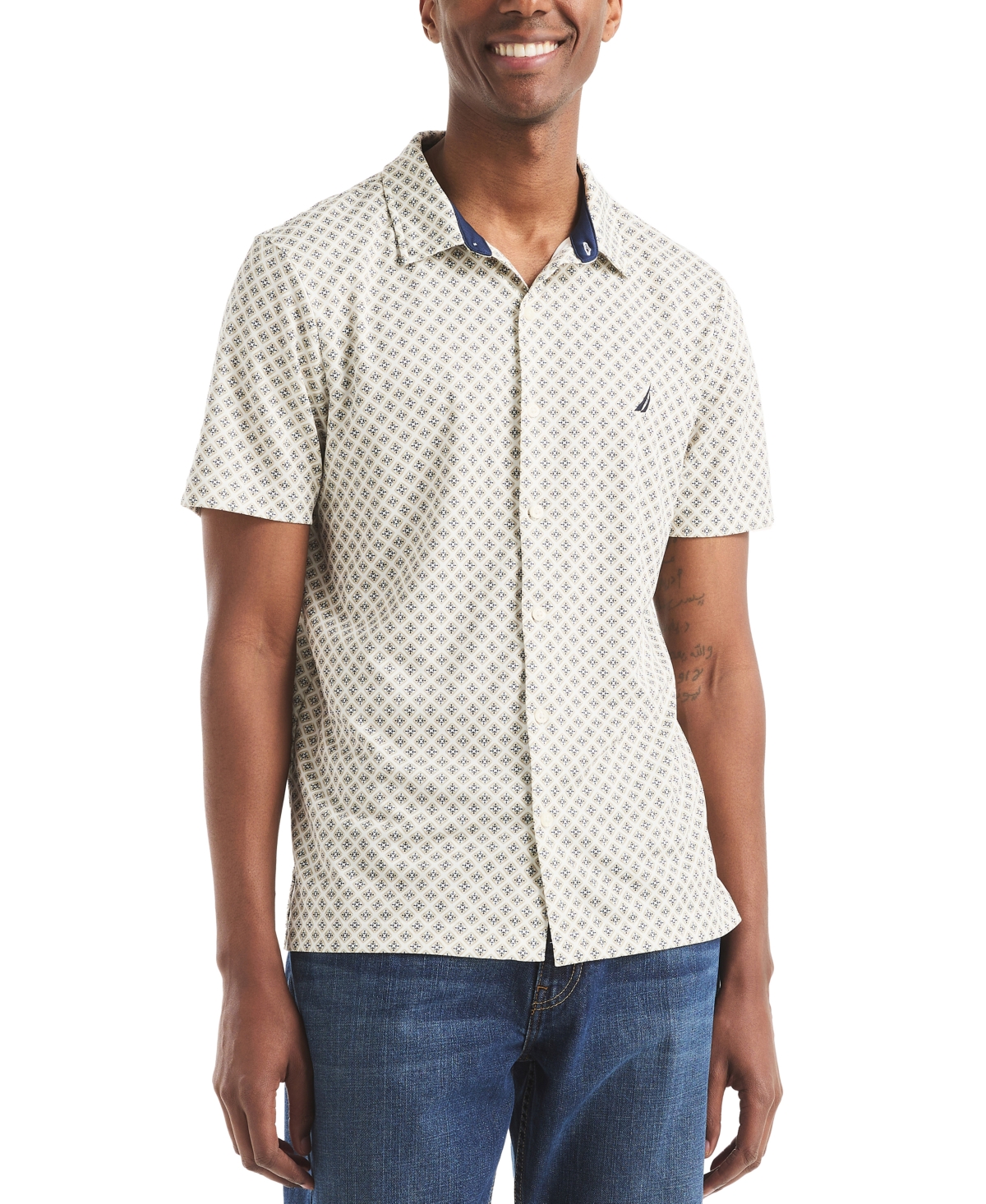 Nautica Men's Printed Classic-fit Performance Button-down Shirt In White