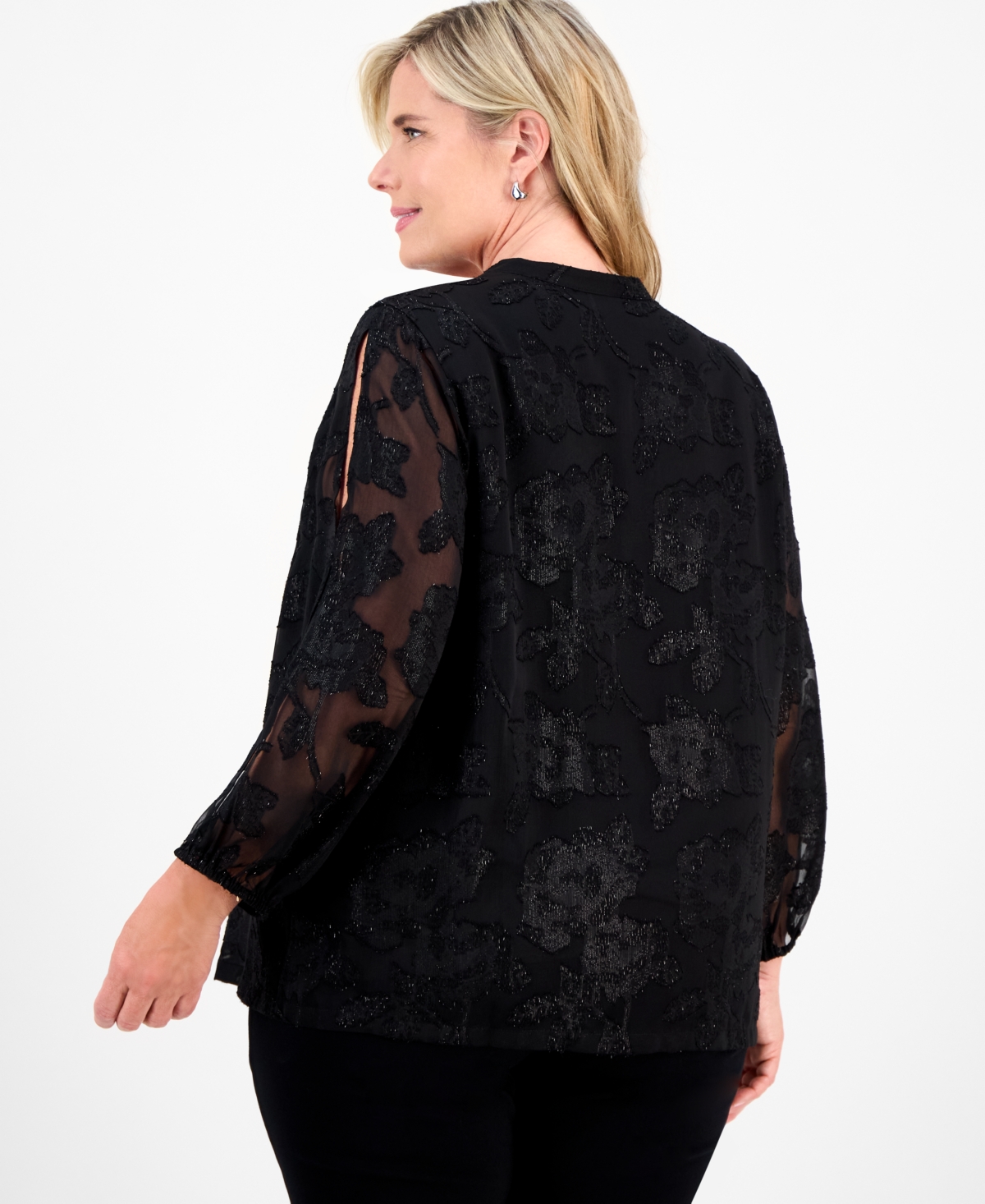 Jm Collection Plus Shine Jacquard Blouson-Sleeve Blouse, Macy's Exclusive