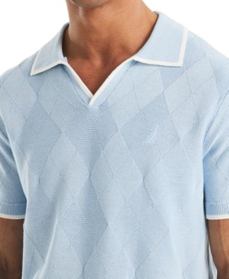 Men's Short Sleeve Textured Argyle Polo Sweater