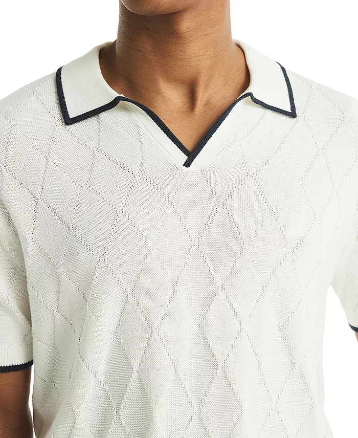 Men's Short Sleeve Textured Argyle Polo Sweater - thumbnail 7