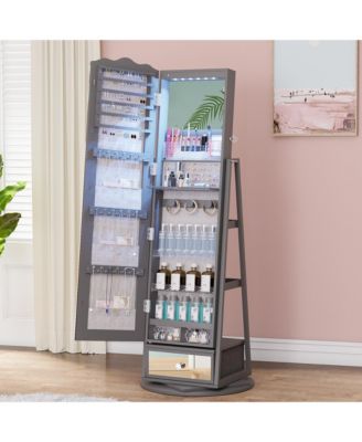 60&deg; Rotating Full-Length Mirror Jewelry Cabinet with Lights