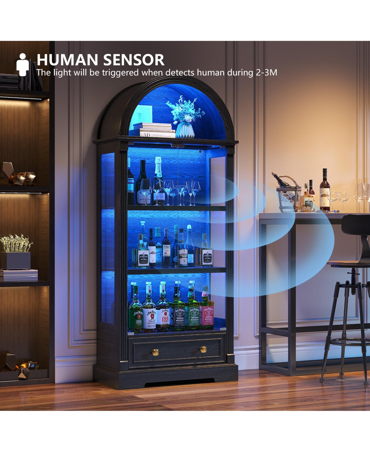 Vlsrka 72.8" Arched Glass Display Cabinet with Led Motion Sensor Light