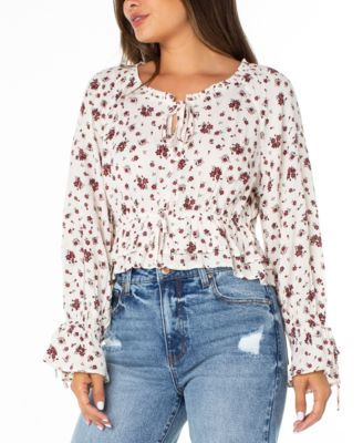 Celebrity Pink - Juniors' Floral-Print Ruffle-Hem Peasant Top
