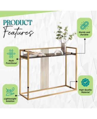 Modern Sofa Console Table with Faux Marble Storage Shelf & Gold Metal Frame for Hallway, Bedroom, Living Room, Foyer