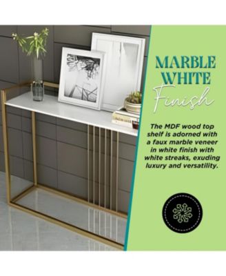 Modern Sofa Console Table with Faux Marble Storage Shelf & Gold Metal Frame for Hallway, Bedroom, Living Room, Foyer