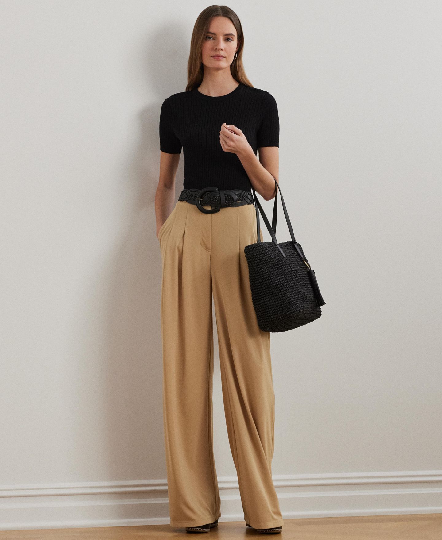 Женские брюки Lauren Ralph Lauren Pleated Stretch Jersey Wide-Leg, цвет: Берёзовый рыжевато-коричневый — фото 1
