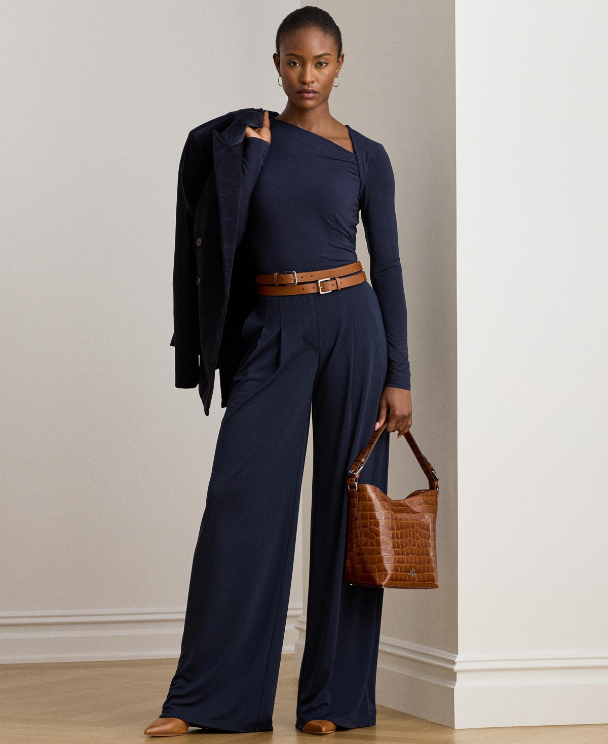 Ralph Lauren Women's Pleated Stretch Jersey Wide-leg Pants In Blue