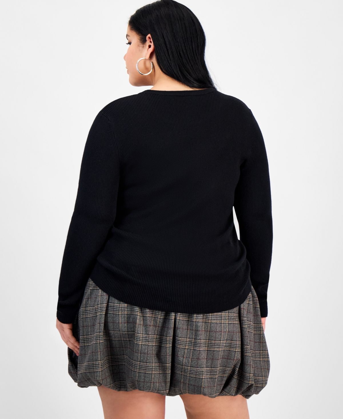 Bar Iii Trendy Plus Size Long Sleeve Ribbed Knit Top, Macy's Exclusive In Black