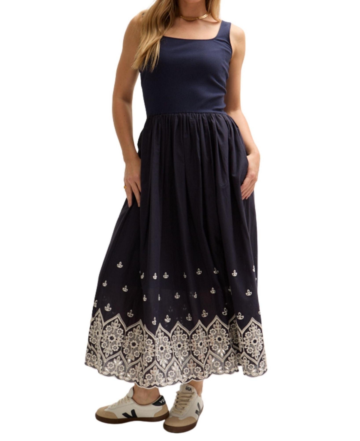 Women's Cora Sleeveless Jersey Bodice Embroidered Midi Dress - Navy