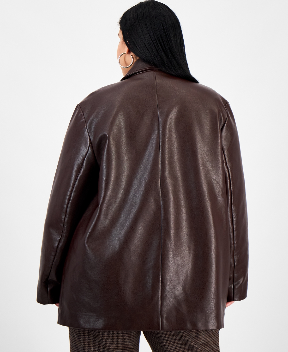 Bar Iii Trendy Plus Size Double-breasted Faux Leather Blazer, Macy's Exclusive In Brown