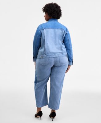 On 34th Trendy Plus Ribbed T Shirt Two Tone Denim Trucker Jacket Two Tone Wide Leg Jeans Macys Exclusive