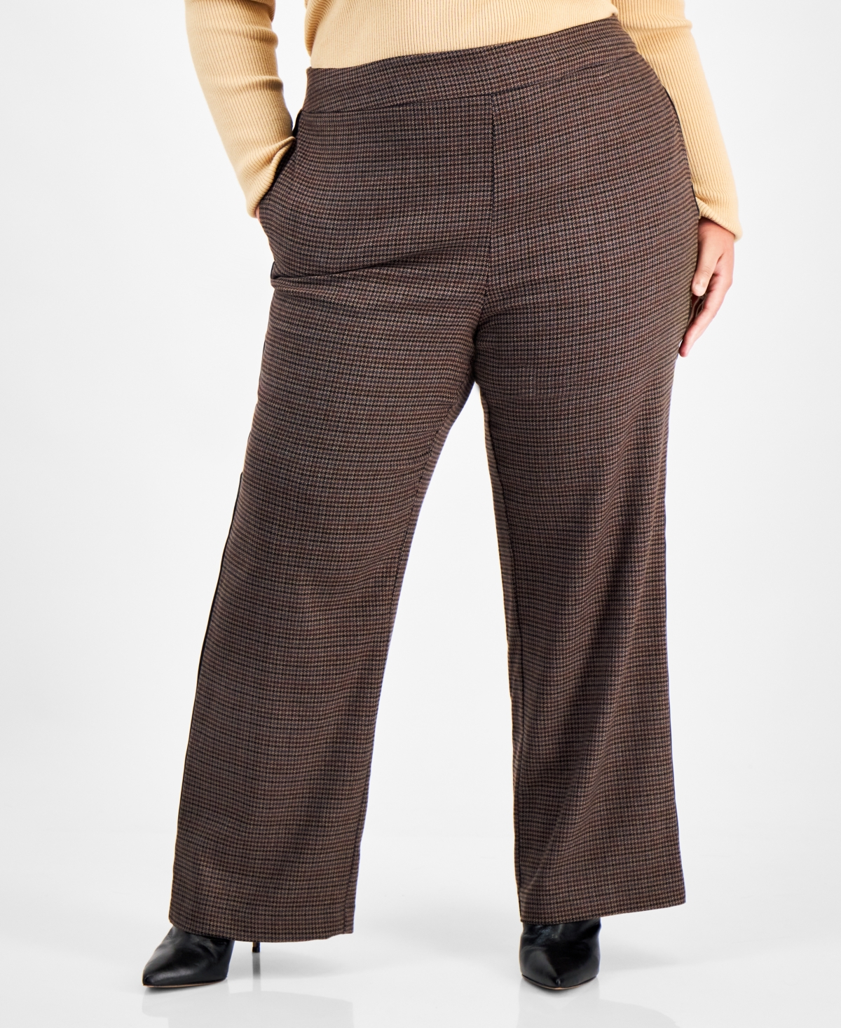 Bar Iii Trendy Plus Size Herringbone High Rise Wide-leg Pants, Macy's Exclusive In Multi