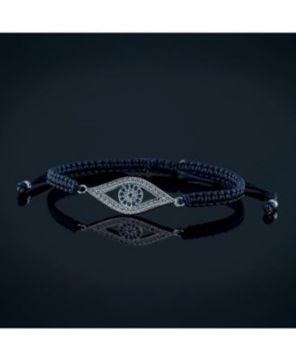 Turkish Blue Evil Eye Black Braided Cord Bracelet CZ Cubic Zirconia Accent .925 Sterling Silver Adjustable