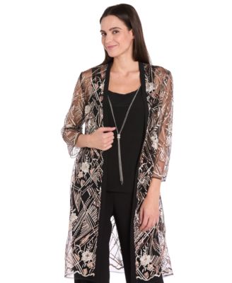 Women's Embellished Sheer Long Jacket, Sleeveless Top and Pants Set