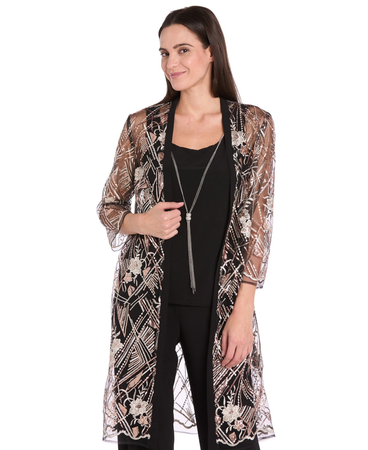 R & M Richards Women's Embellished Sheer Long Jacket, Sleeveless Top And Pants Set In Multi