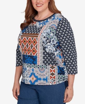 Plus Size Batik Patchwork Drawstring Closure Top