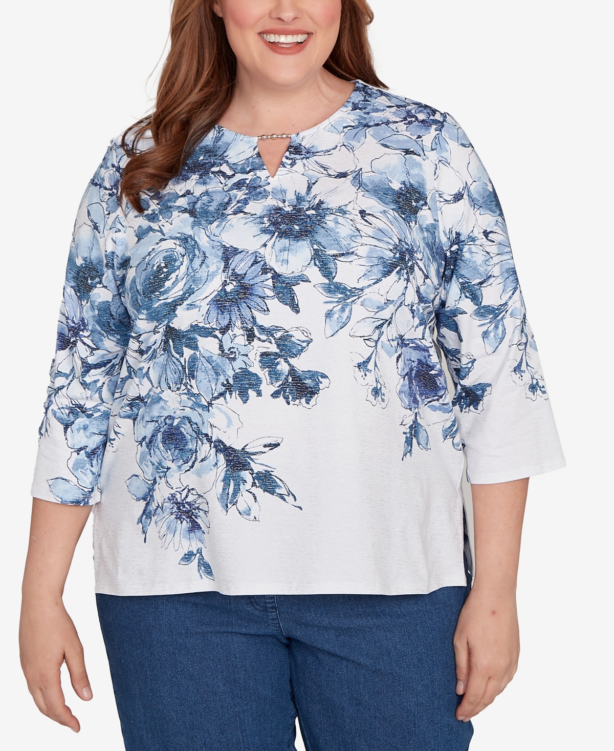 Alfred Dunner Plus Size Floral Split Beaded Keyhole Neck Top In Blue