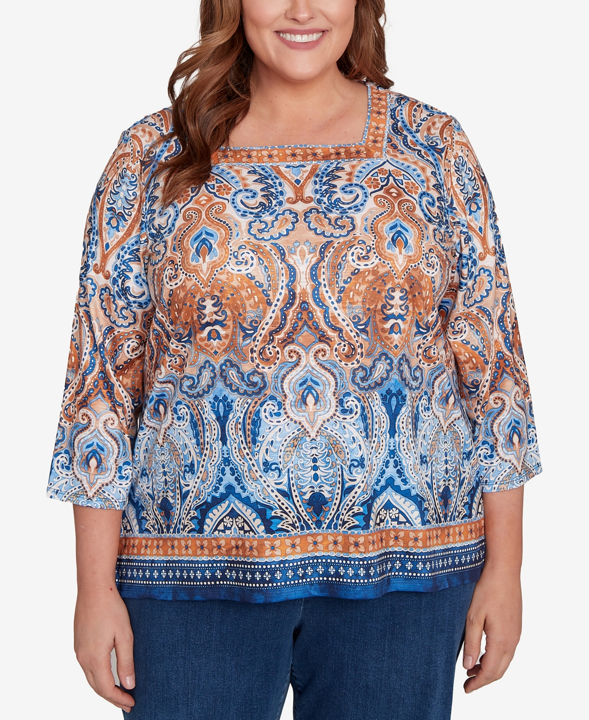 Alfred Dunner Plus Size Classic Medallion Bordered Square Neck Top In Multi