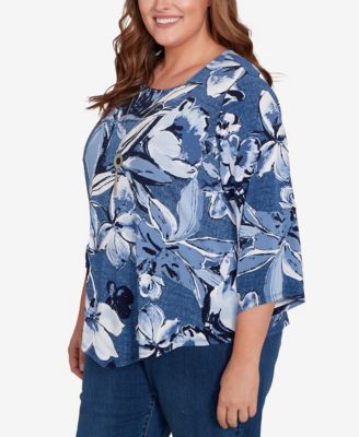 Plus Size Classic Puff Print Denim Floral Top