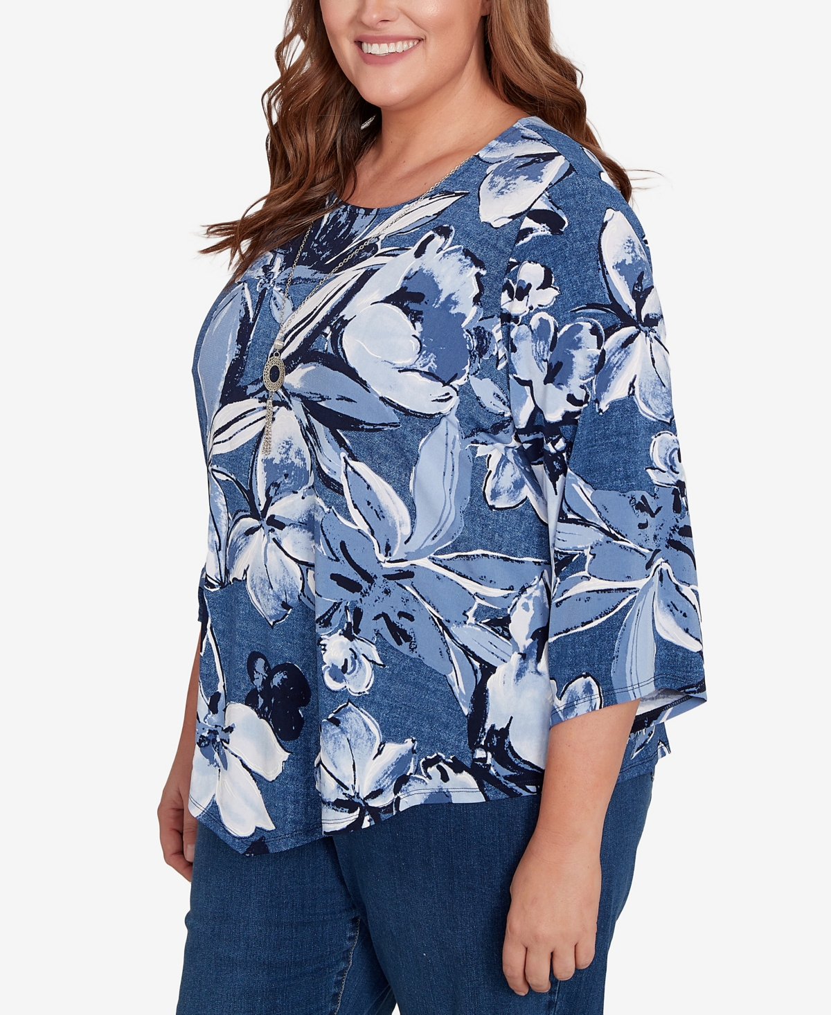 Alfred Dunner Plus Size Classic Puff Print Denim Floral Top In Blue