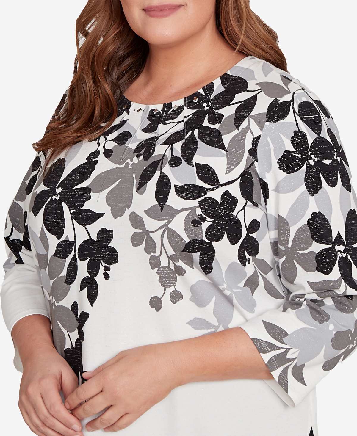 Alfred Dunner Plus Size Classic Shadow Leaf Three Quarter Sleeve Top In Multi