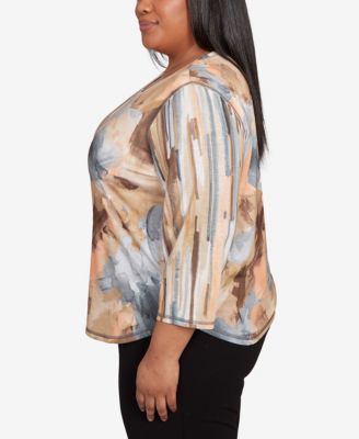 Plus Size Classic Spliced Floral Stripe Crew Neck Top