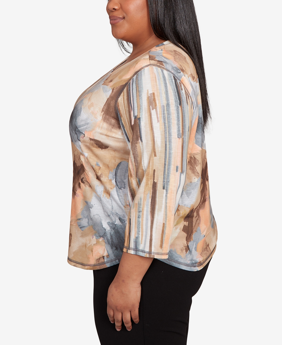 Alfred Dunner Plus Size Classic Spliced Floral Stripe Crew Neck Top In Multi