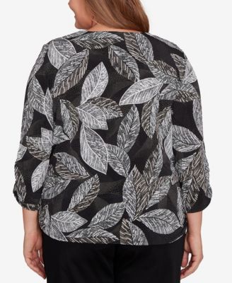 Plus Size Classic Puff Print Leaf Keyhole Neck Top