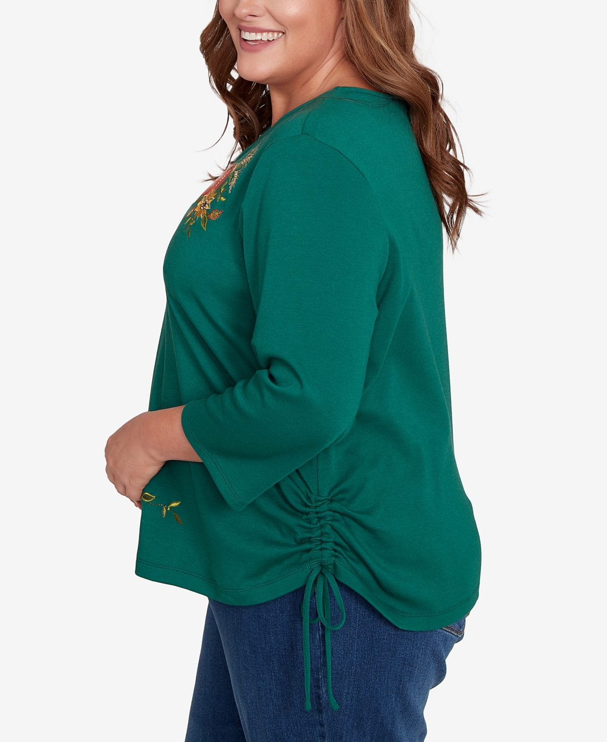 Alfred Dunner Plus Size Classic Asymmetric Pumpkin Split Beaded Keyhole Neck Top In Green