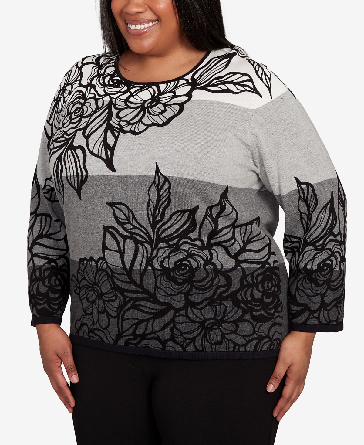 Alfred Dunner Plus Size Classic Ombre Floral Block Stripe Sweater In Gray