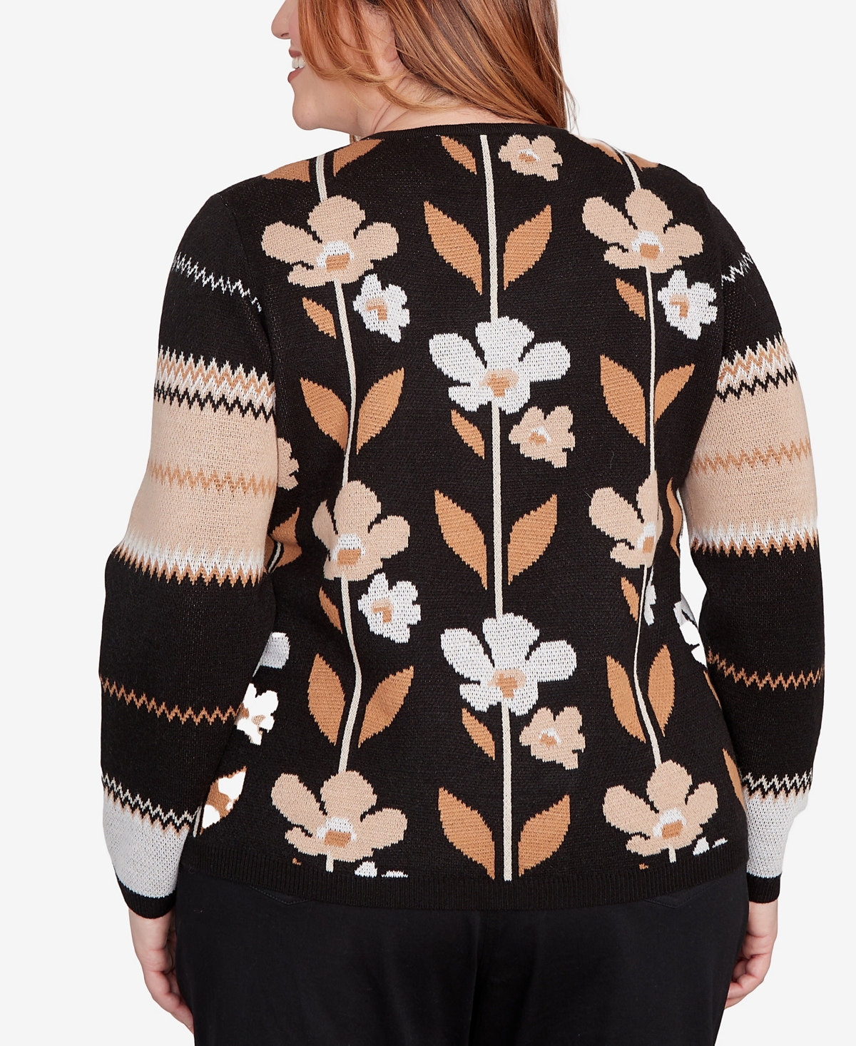 Alfred Dunner Plus Size Classic Vertical Flower Zig Zag Sweater In Black
