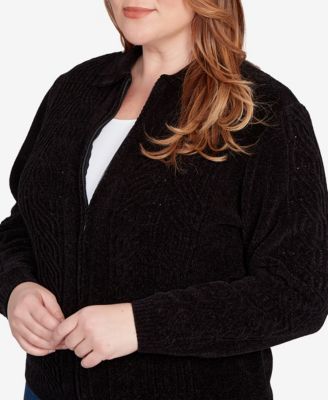 Plus Size Classic Zip-Front Chenille Collared Cardigan Sweater